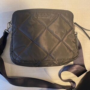 MZ Wallace Quilted Crossbody Bag in Dark Brown/Gray with Gold Accents